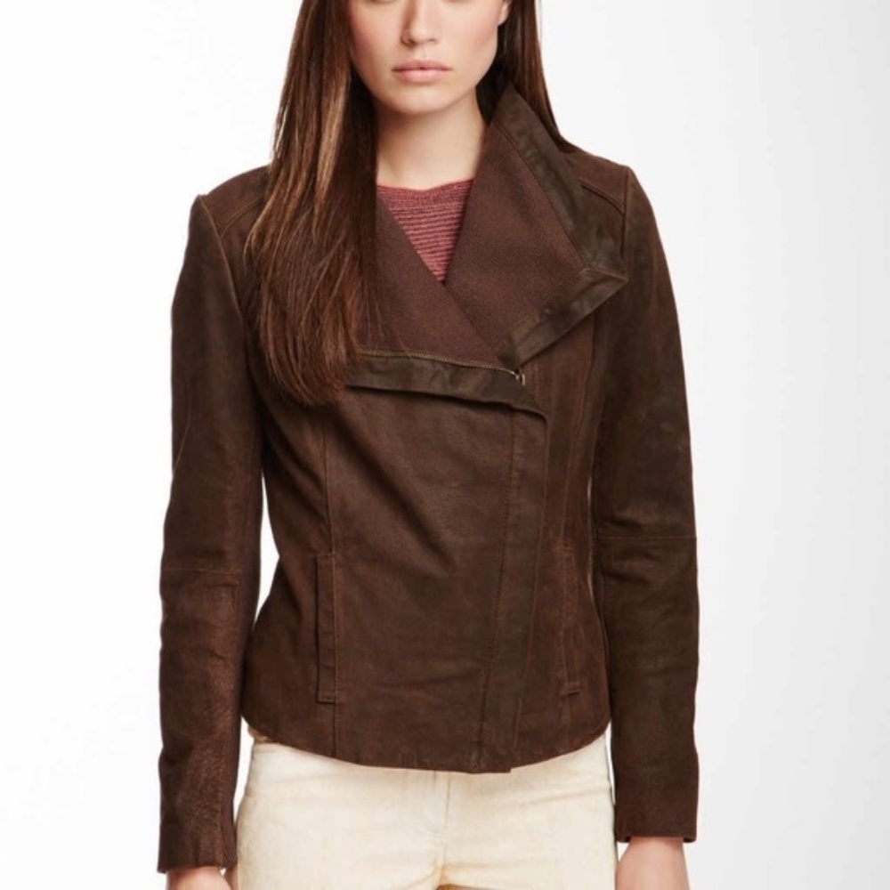 Nicole Miller Suede Leather Moto Jacket Gold Label Brown Womens Size Medium